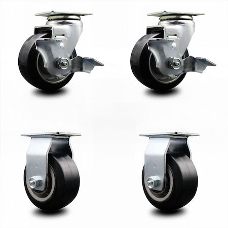 Service Caster 4 Inch Rubber on Aluminum Caster Set with Ball Bearings 2 Brakes 2 Rigid SCC-20S420-RAB-TLB-2-R-2
